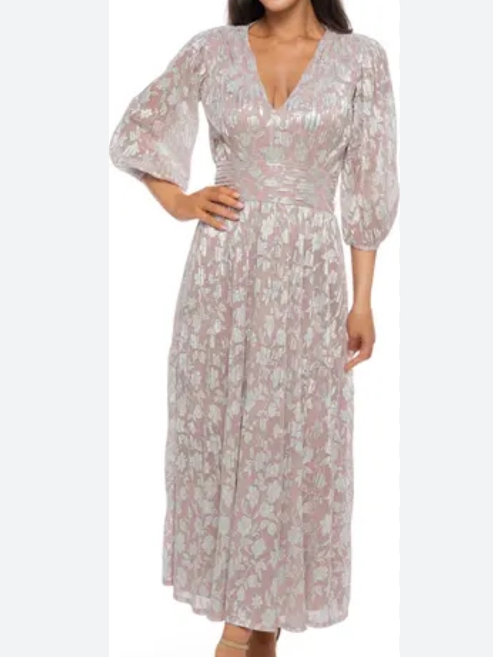 Oleg Cassini Blush and Silver Floral V‑Neck Midi Dress